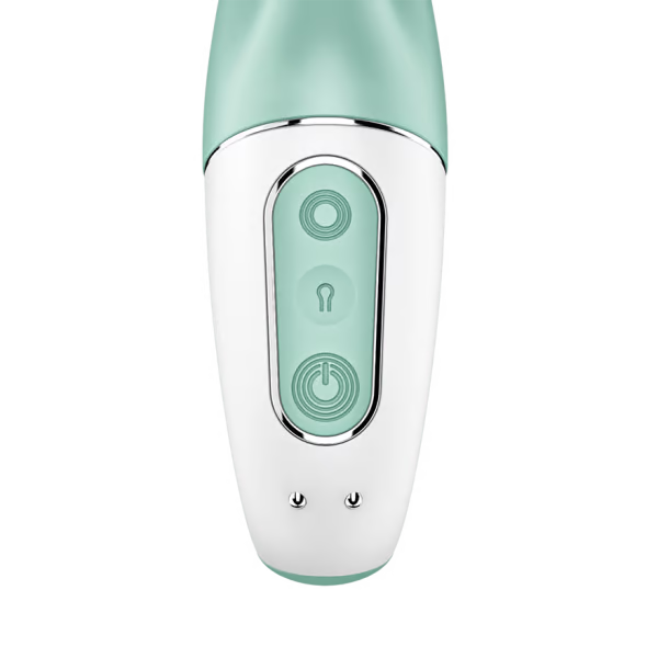 App-controlled inflatable rabbit vibrator with power and lock buttons.
