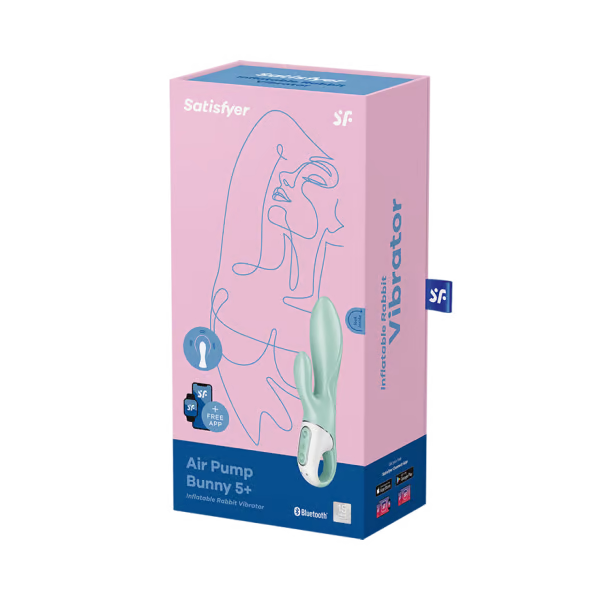 Satisfyer Air Pump Bunny 5+ inflatable rabbit vibrator in a pink box.