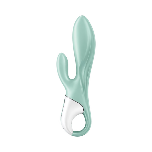 A teal and white inflatable rabbit vibrator with a curved handle.