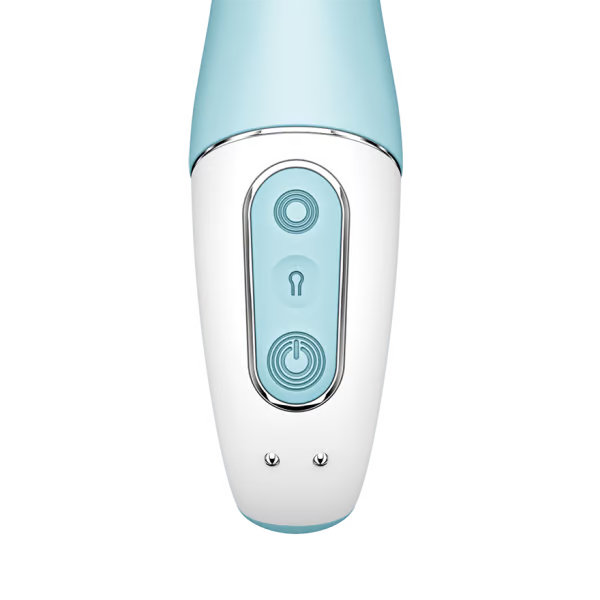 A white and blue vibrator with three buttons: two circular buttons and a power button.