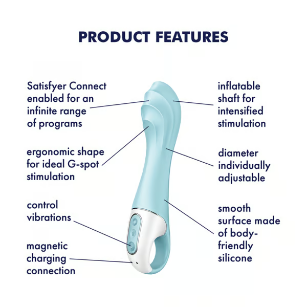 A blue inflatable G-spot vibrator with app control and adjustable diameter.