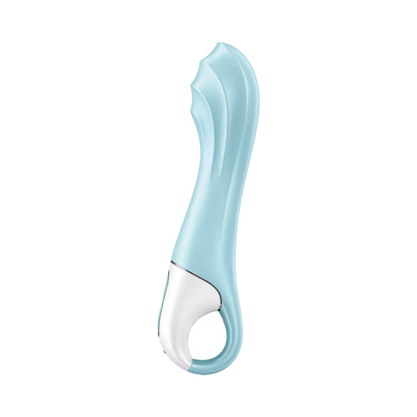 A turquoise and white inflatable G-spot vibrator with a curved handle.