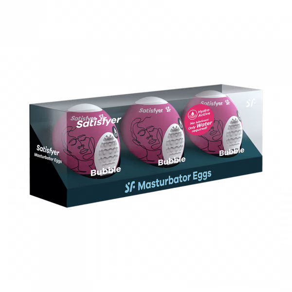 Satisfyer Bubble Masturbator Eggs set with hydroactive TPE.