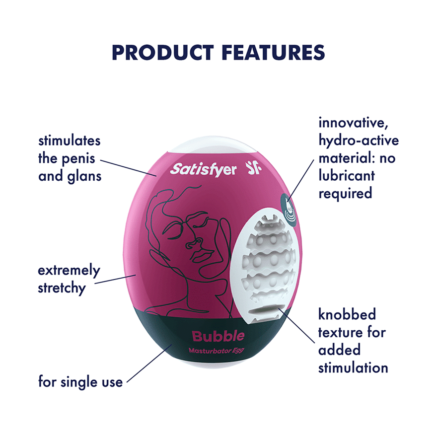 Satisfyer Bubble Masturbator Egg with textured interior and hydroactive material.