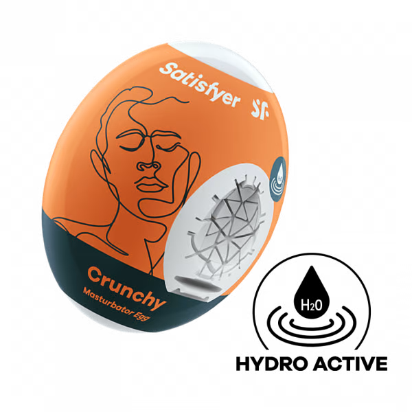 Satisfyer Crunchy Masturbator Egg with abstract face design.