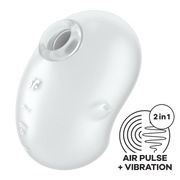A white, bean-shaped clitoral vibrator with air pulse and vibration technology.