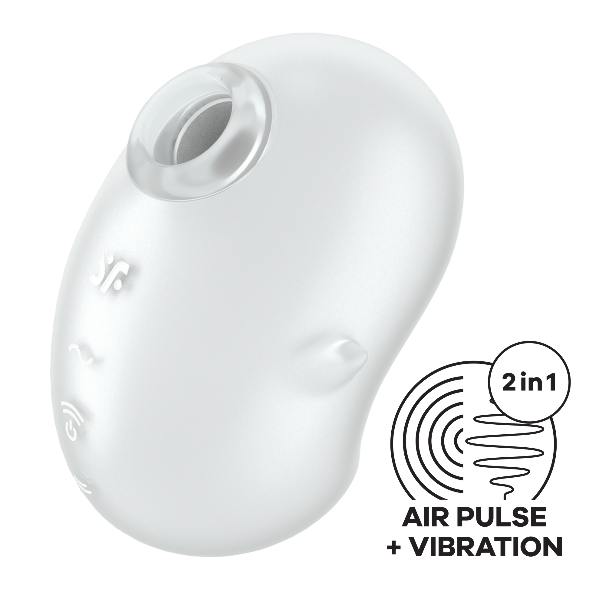 A white, bean-shaped clitoral vibrator with air pulse and vibration technology.