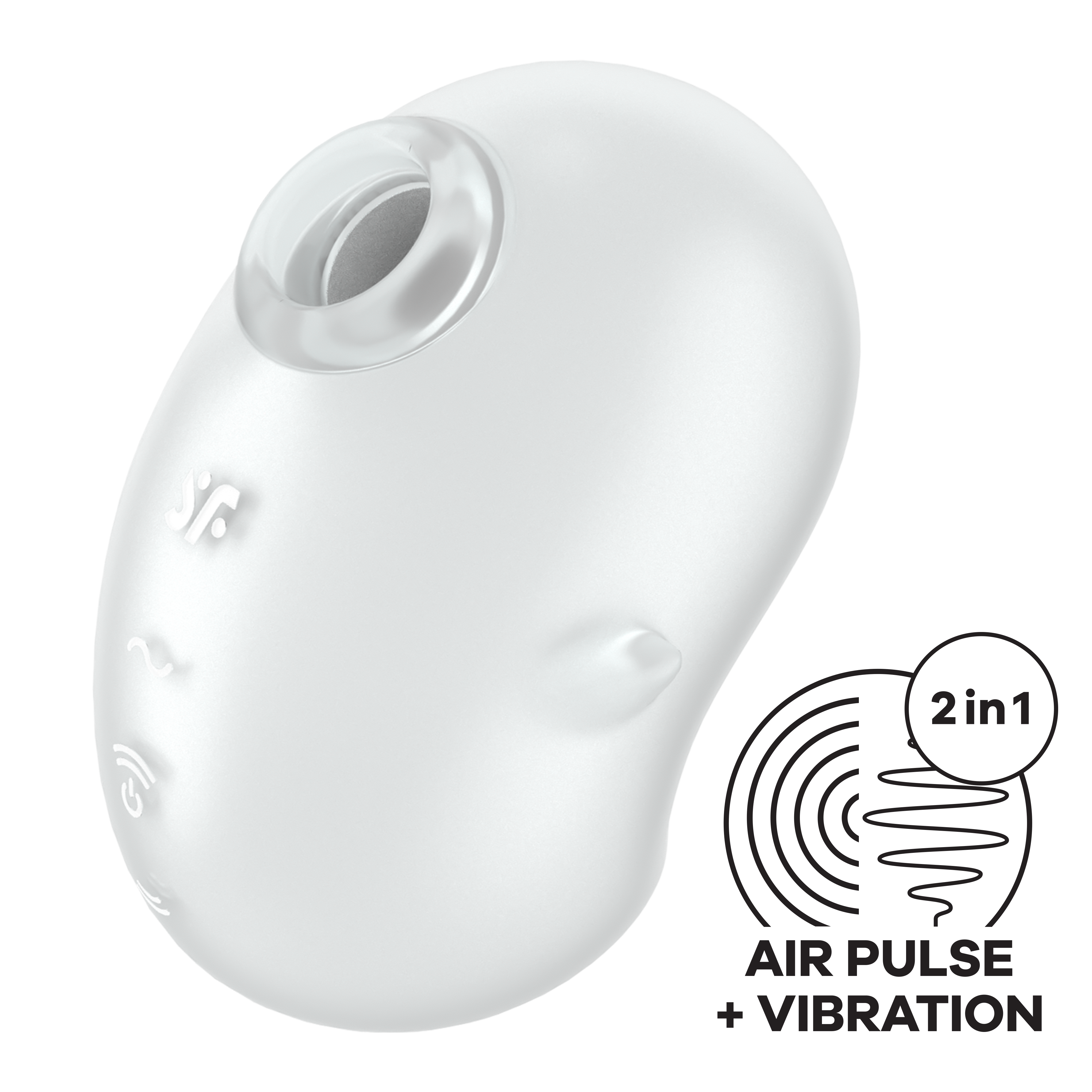 A white, bean-shaped clitoral vibrator with air pulse and vibration technology.