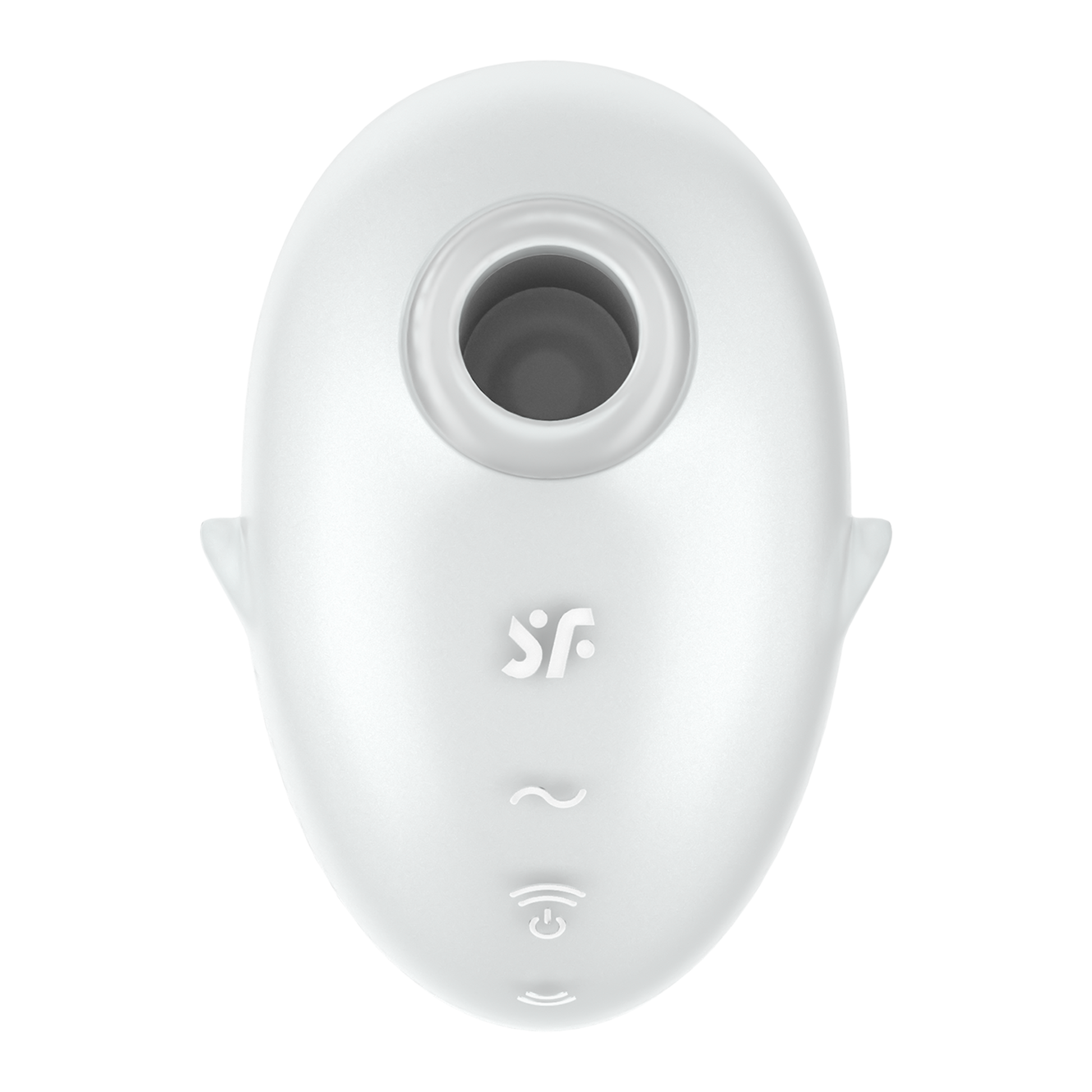 White oval-shaped clitoral vibrator with air pulse technology and control buttons.