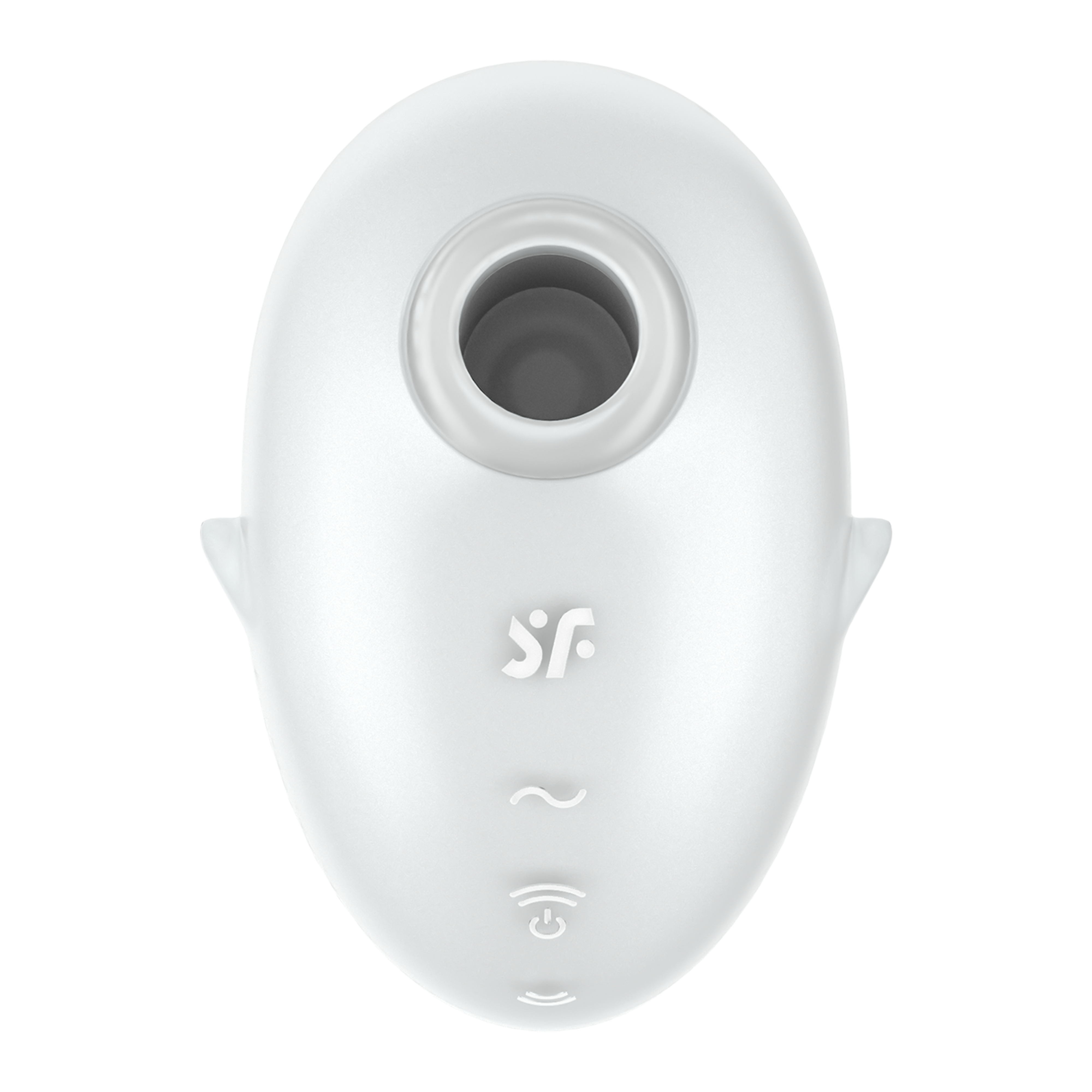 White oval-shaped clitoral vibrator with air pulse technology and control buttons.