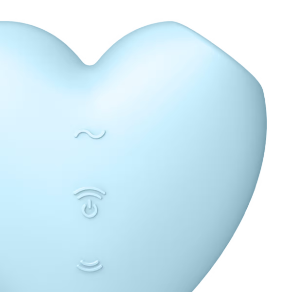 A light blue heart-shaped vibrator with three embossed icons.