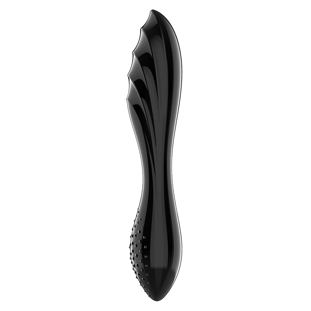 A black, glossy, curved vibrator with textured and ribbed surfaces.