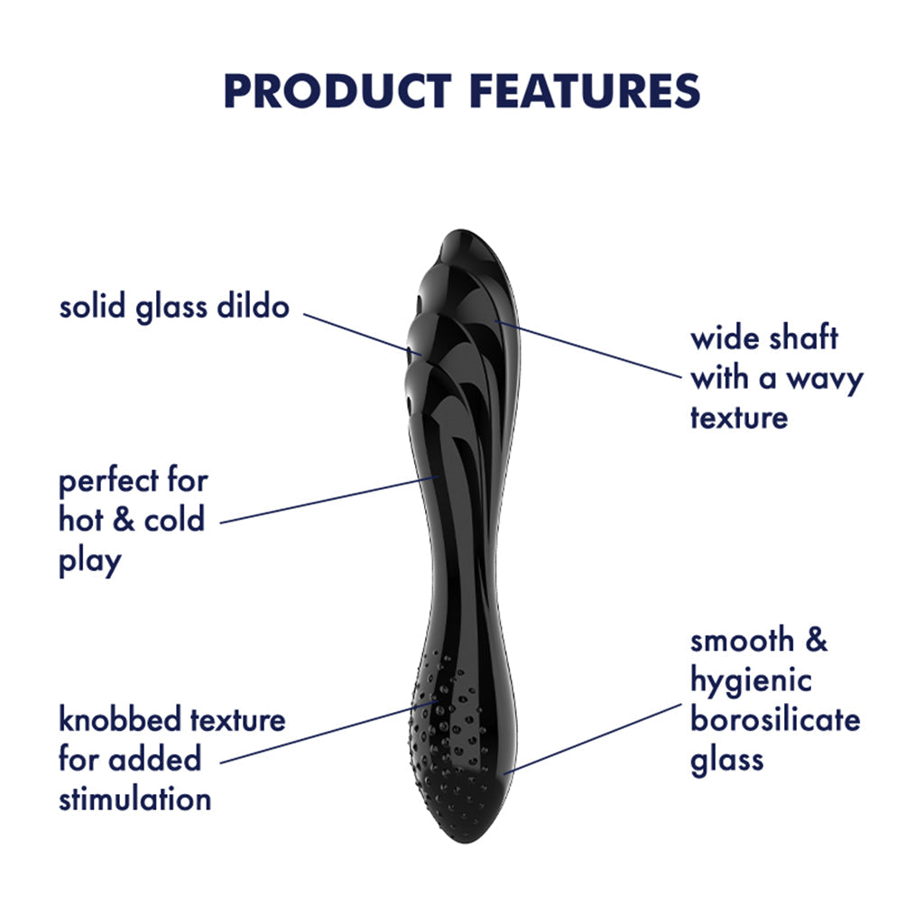 Black glass dildo with wavy and knobbed textures for stimulation.