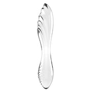 Clear glass dildo with grooved and nubby textures.