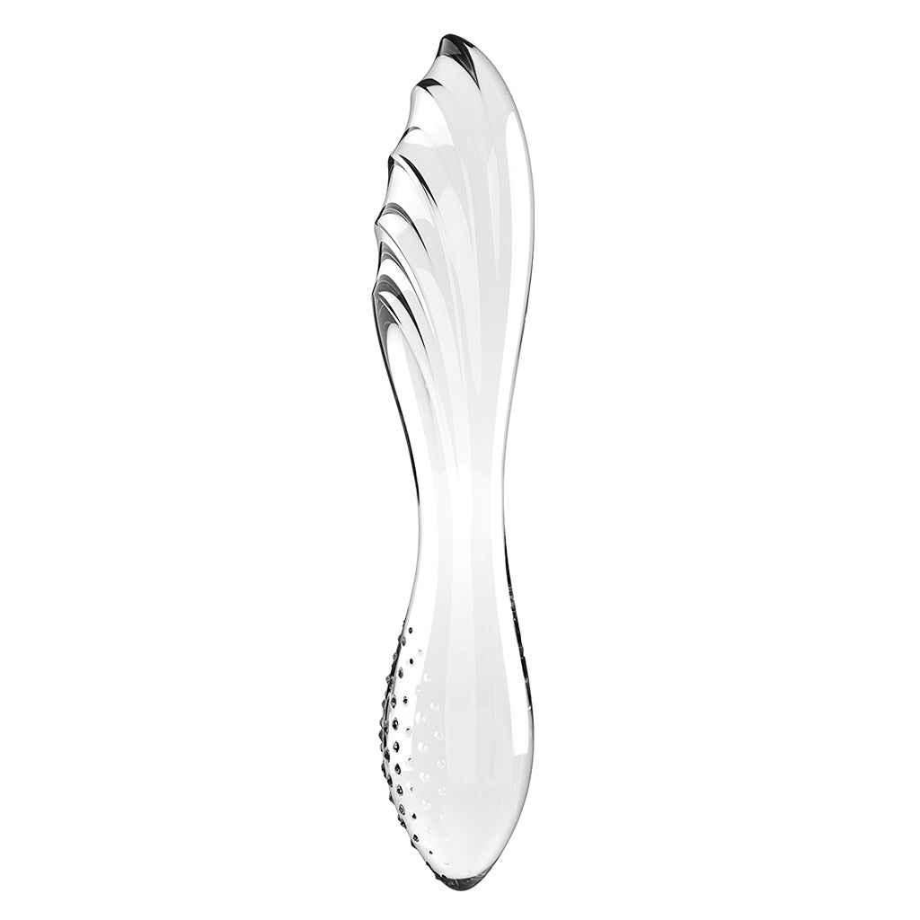 Clear glass dildo with grooved and nubby textures.