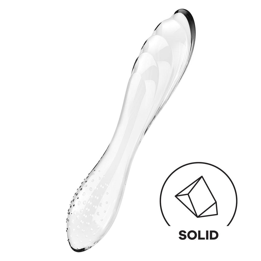Clear glass dildo with textured end and a "solid" icon.