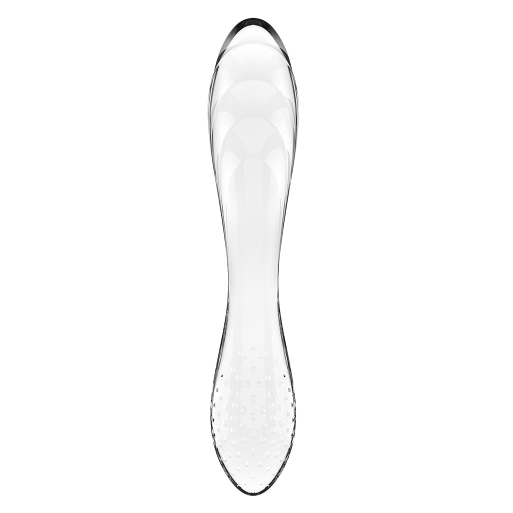 Clear glass dildo with a smooth top and textured bottom.