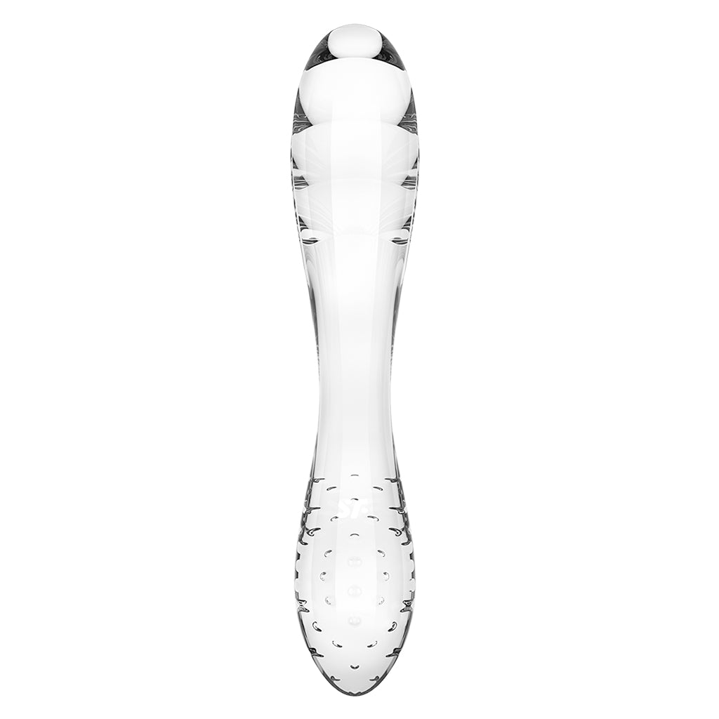 Clear glass dildo with a smooth top and textured bottom.