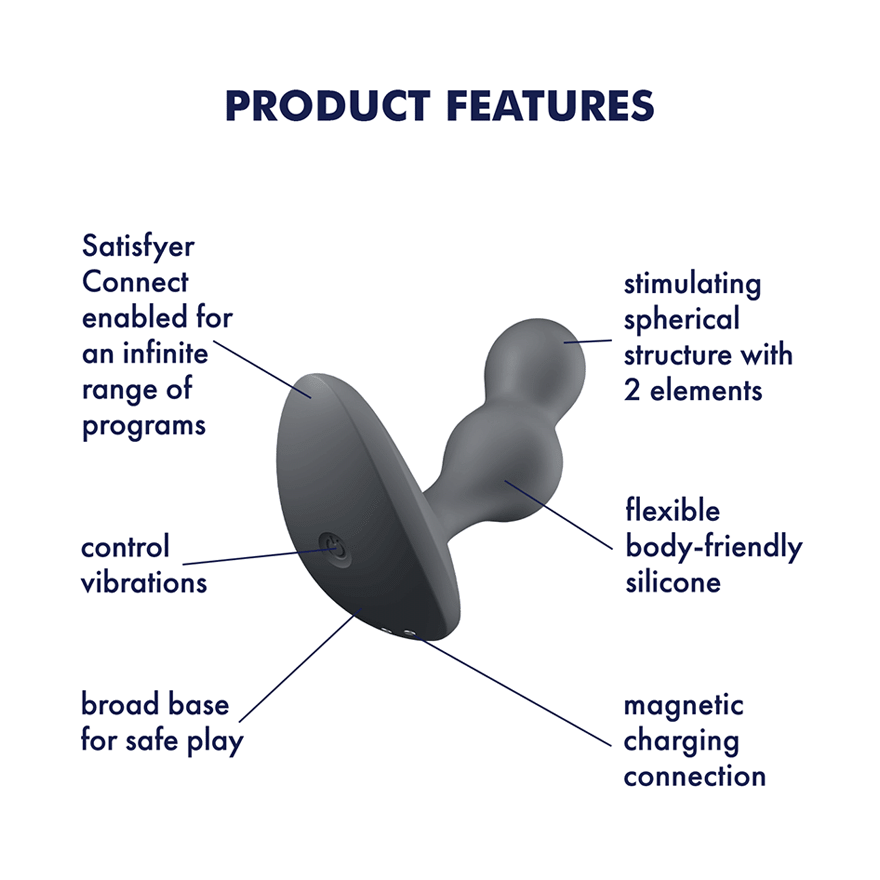Grey app-controlled anal vibrator with a spherical structure and broad base.