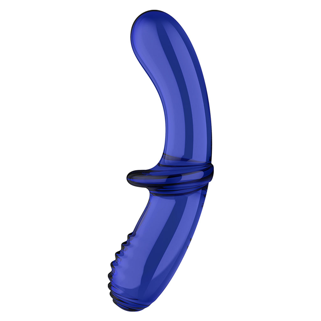 Curved blue glass dildo with a ribbed texture and a flared base.