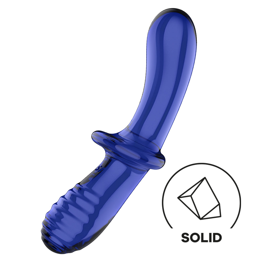 A blue glass dildo with a ribbed end and a flared base.