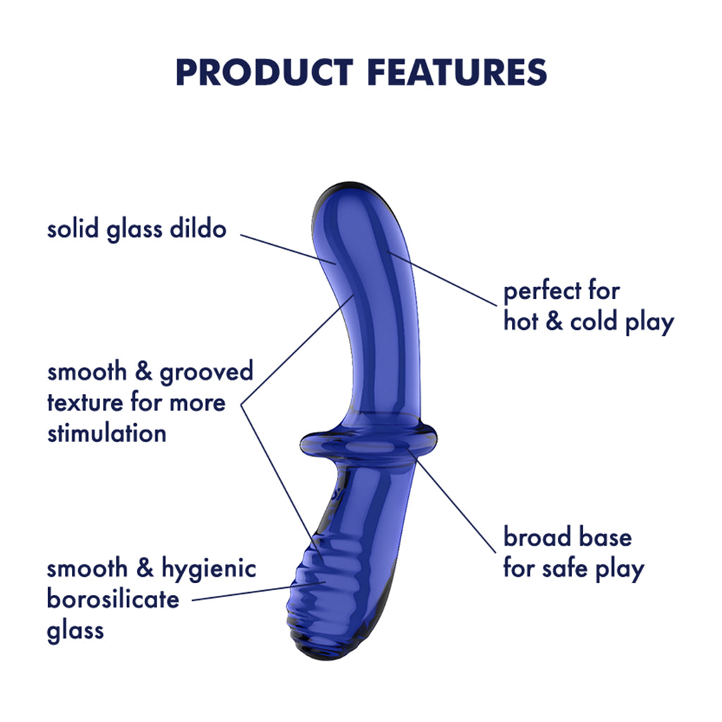A blue glass dildo with a broad base, smooth and grooved texture, perfect for hot and cold play.