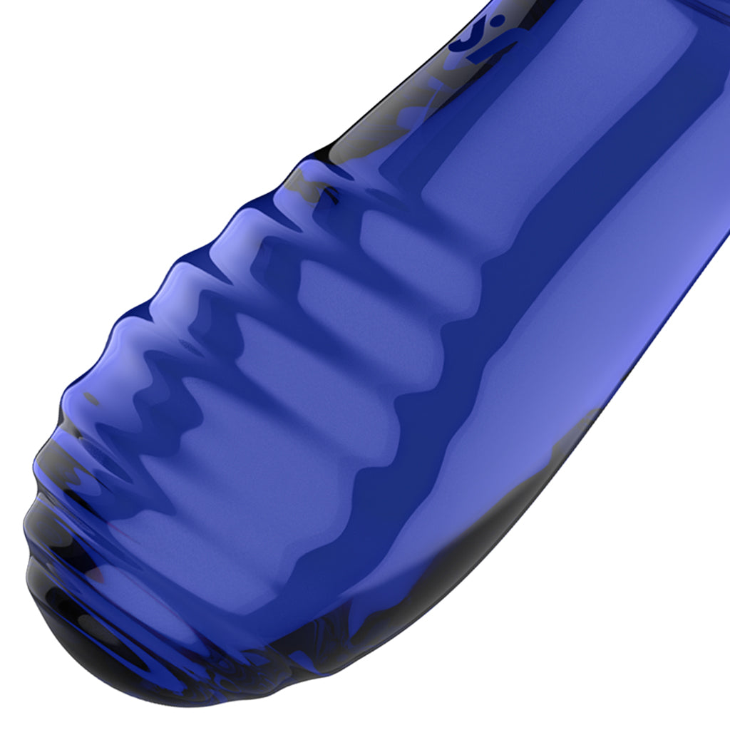 Blue glass dildo with ribbed texture and a smooth, rounded end.