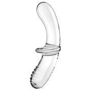 Clear glass dildo with a curved shape and textured end.