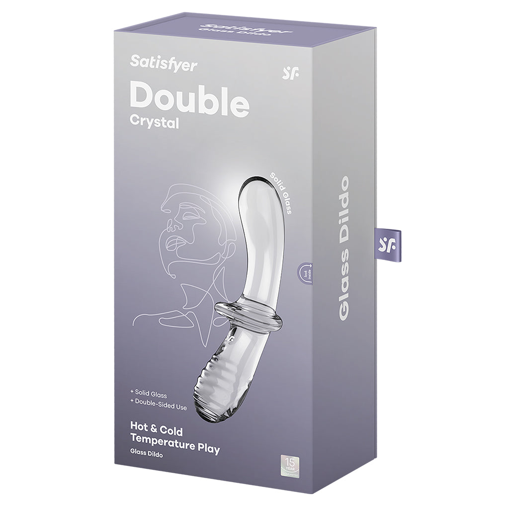 Satisfyer Double Crystal glass dildo with dual textures and a ribbed end.