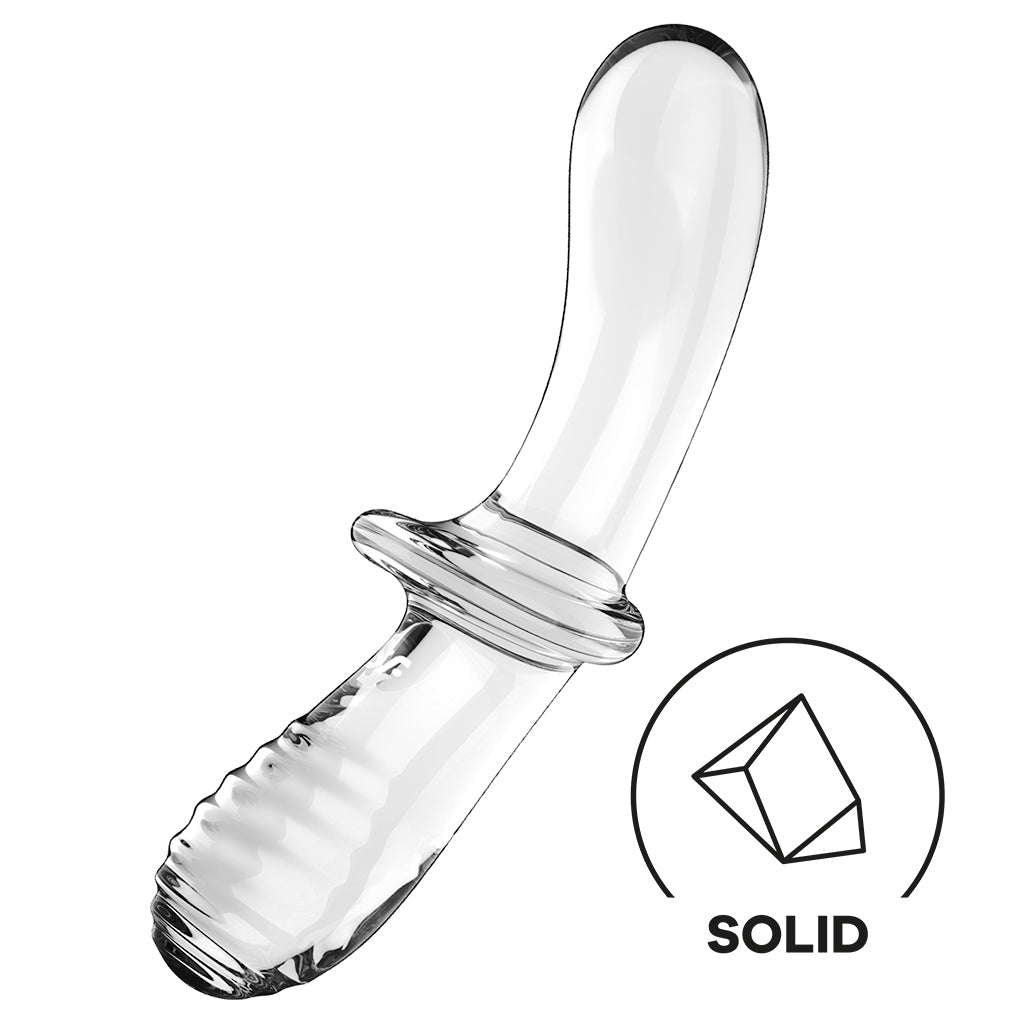 Clear glass dildo with dual textures and a ribbed end.