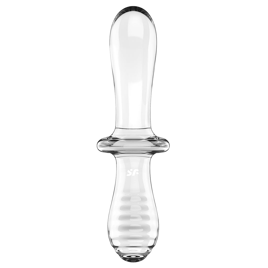 A clear glass dildo with a ribbed texture and a flared base.