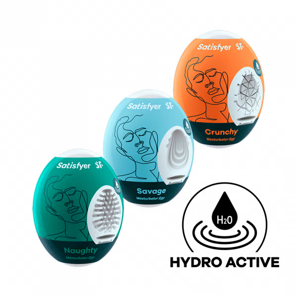 Satisfyer Masturbator Egg 3er Set with Naughty, Savage, and Crunchy textures.
