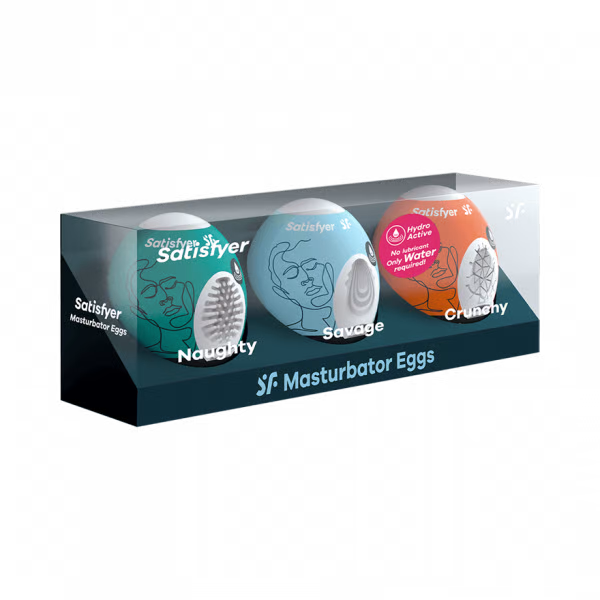 Satisfyer Masturbator Egg 3er Set with Naughty, Savage, and Crunchy textures.