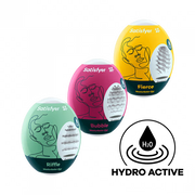 Satisfyer Masturbator Egg set with Riffle, Bubble, and Fierce designs.
