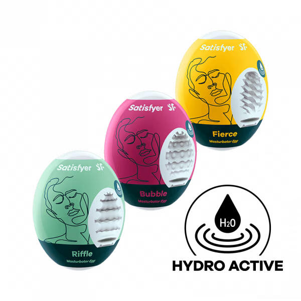 Satisfyer Masturbator Egg set with Riffle, Bubble, and Fierce designs.