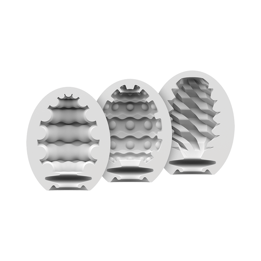 Three white egg-shaped masturbators with different textured interiors.
