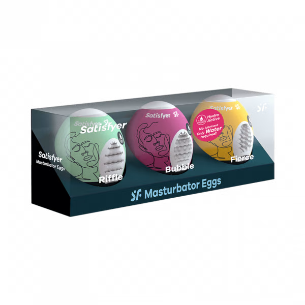 Satisfyer Masturbator Egg 3-Piece Set with Riffle, Bubble, and Fierce designs.