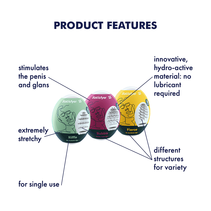 Three Satisfyer masturbator eggs in Riffle, Bubble, and Fierce designs.