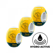 Three yellow Satisfyer Fierce masturbator eggs with abstract face designs.