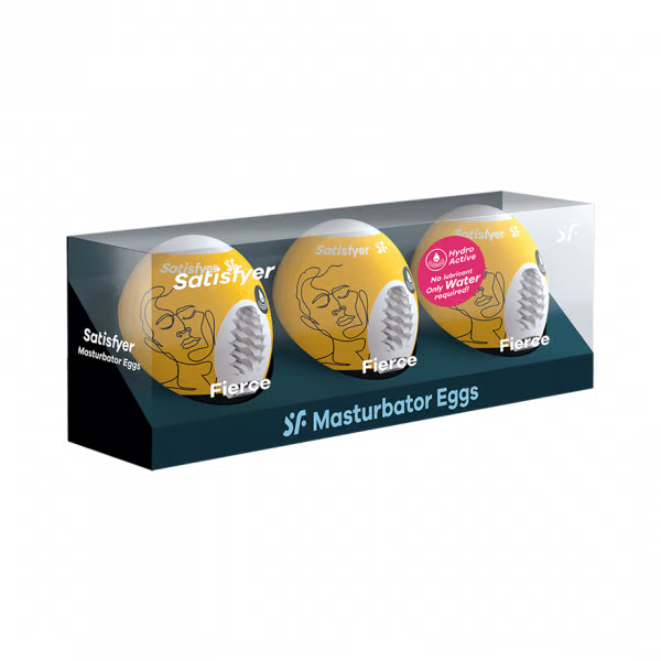 Satisfyer Fierce Masturbator Eggs, a 3-piece set in yellow with face designs.