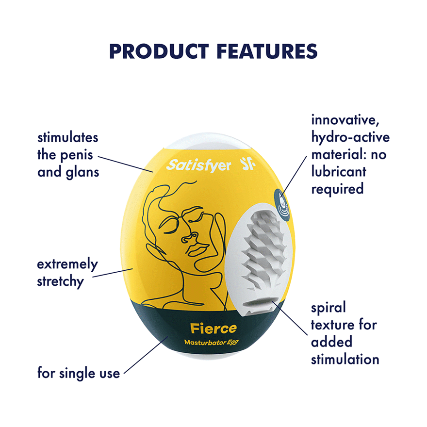Satisfyer Fierce Masturbator Egg with spiral texture and line art face.