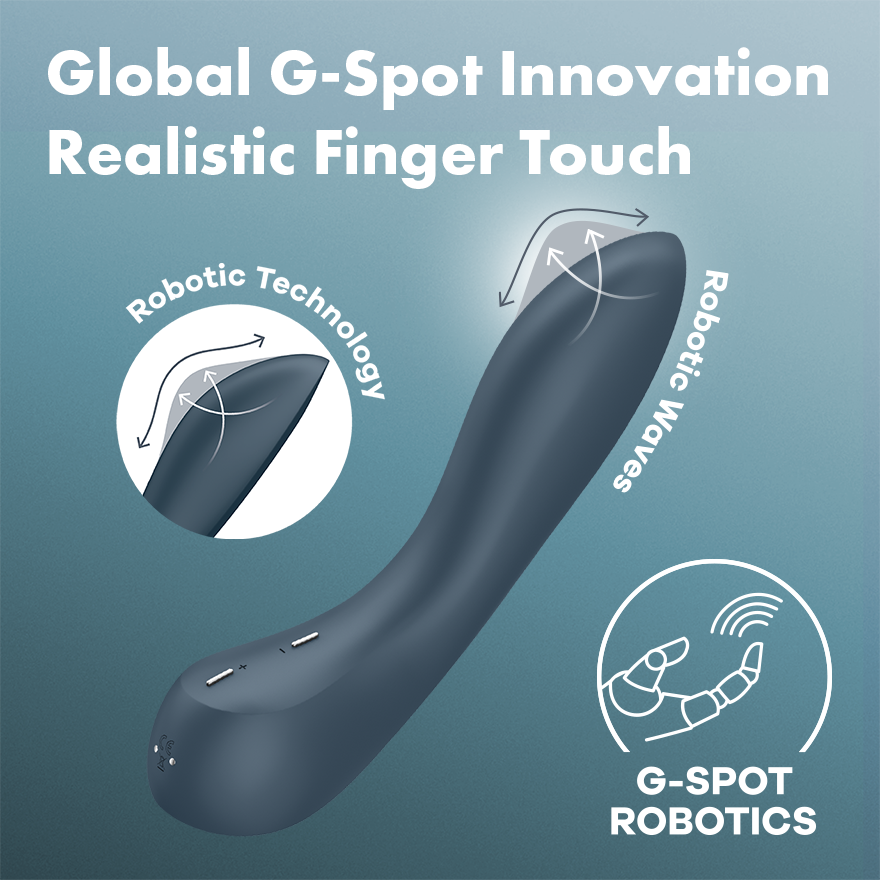 A dark gray robotic silicone vibrator with text highlighting its G-spot stimulation technology.