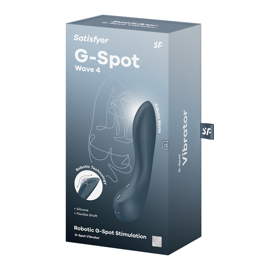 Satisfyer G-Spot Wave 4 robotic silicone vibrator in a blue box.