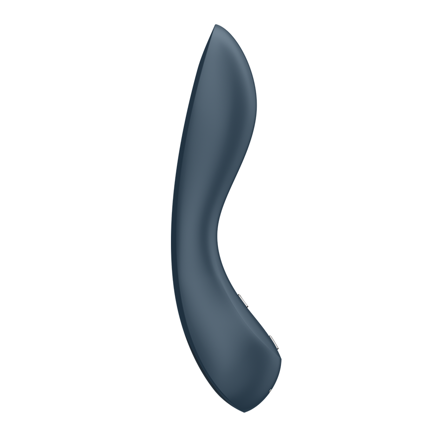A curved, dark blue silicone vibrator with two small buttons on the side.