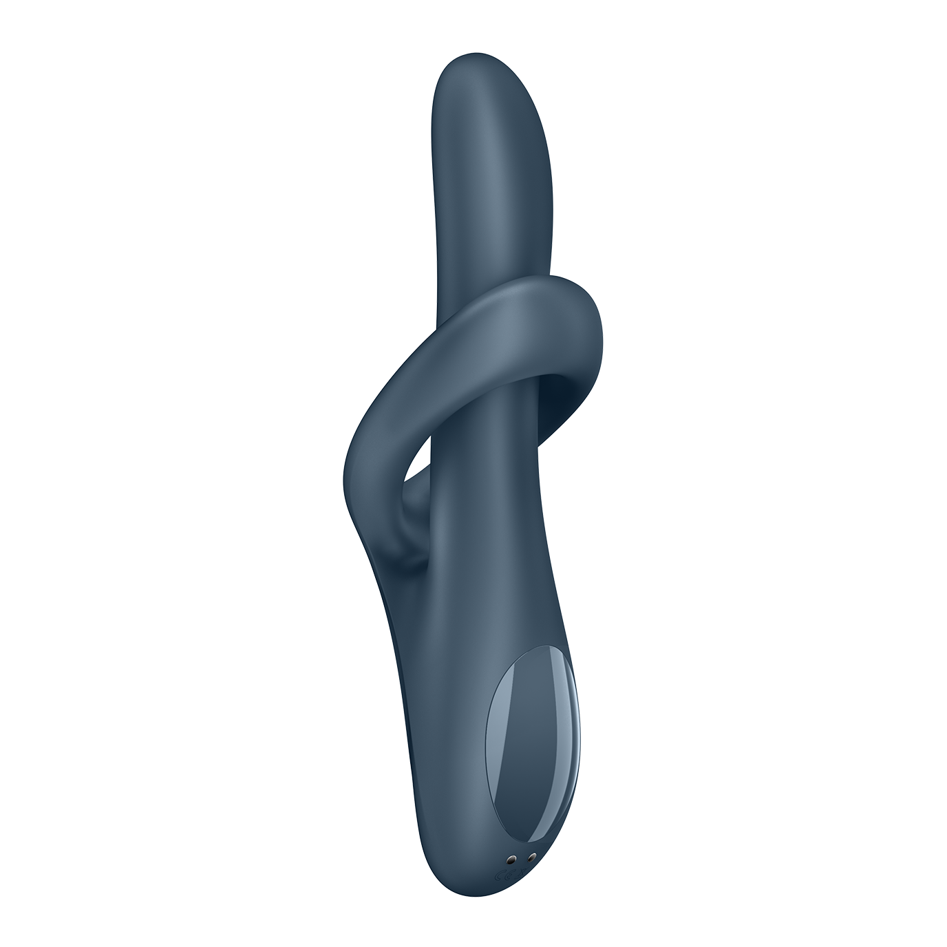 A blue rotating rabbit vibrator with a curved design and a clear control panel.