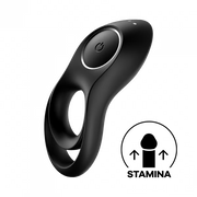 Black vibrating silicone cock and testicle ring with power button.