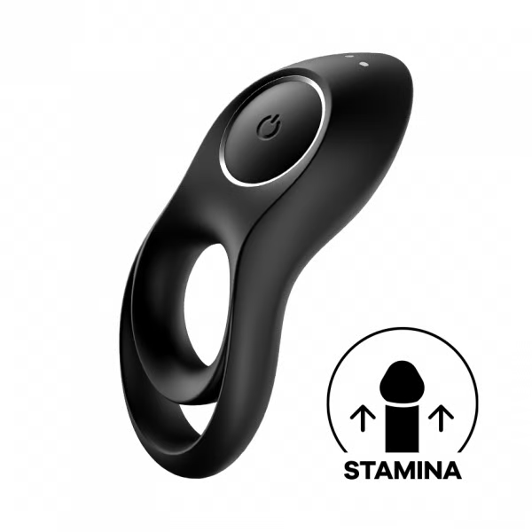 Black vibrating silicone cock and testicle ring with power button.