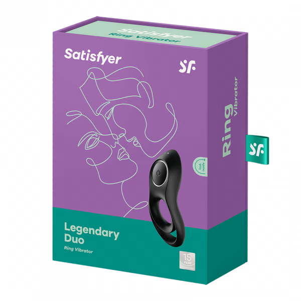 Satisfyer Legendary Duo vibrating cock and testicle ring on purple packaging.
