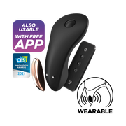 Black Satisfyer Little Secret app-controlled panty vibrator with remote and CES award.