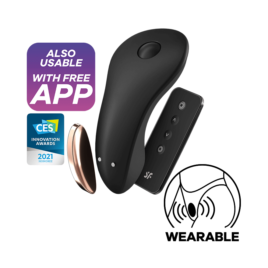Black Satisfyer Little Secret app-controlled panty vibrator with remote and CES award.